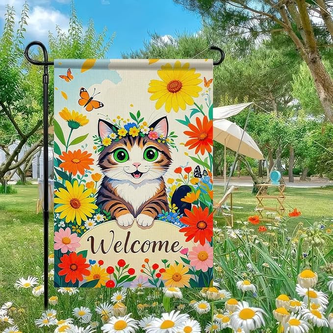 BlissYard Spring Garden Flag for Outside Adorable Cat with Flowers and Butterflies Backdrop Design Spring Decoratio Double-Sided 12x18 Inches Welcome Yard Flag for Outdoor Decor