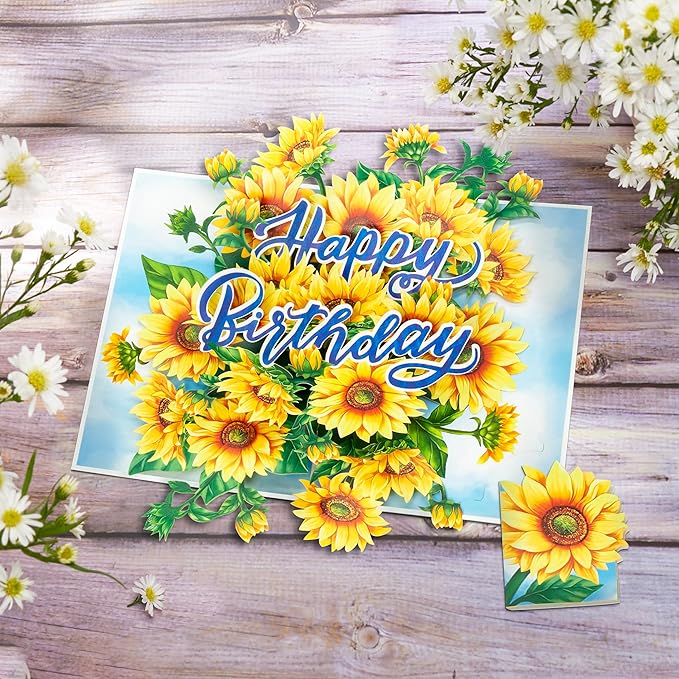 Floral Sunflowers Pop Up Card, Happy Birthday, Flowers, 3D Greeting Cards, Gifts for Mom, Mother in Law, Wife, Girlfriend, Sister, 5x7 - Includes Envelope And Message Note