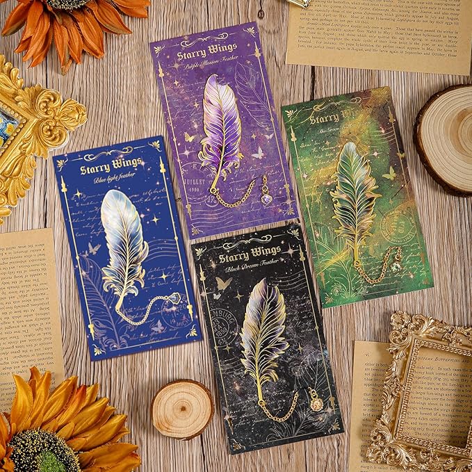 Feather-Shaped Metal Bookmarks with Chain, 4-Pack Vintage-Inspired Book Marks Set - Cute Unique Page Markers Gifts for Book Lovers, Readers, Writers, Reading Women, Men, Kids, Teens (Starry Wings)