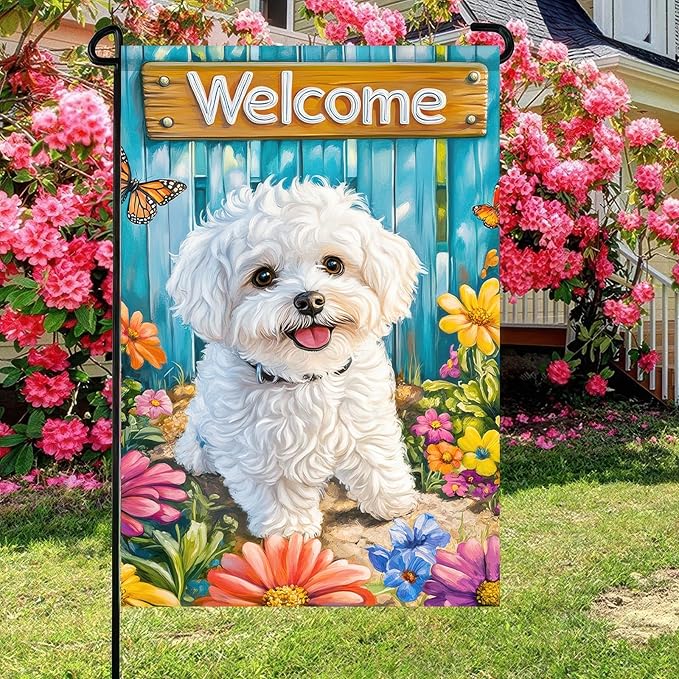 BlissYard Bichon Frise Welcome Garden Flag Double Sided 12x18 Inch Spring Summer Garden Flag Puppy Flower Butterfly Dog House Yard Lawn Outdoor Patio Decoration Banner