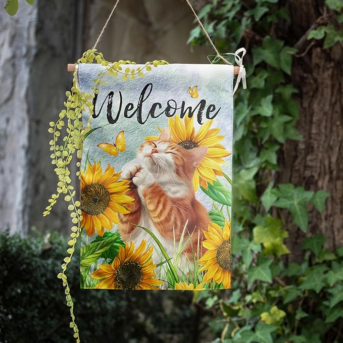 Sunflower Orange Cat Garden Flag Summer Spring Garden Flags for Outside Floral Cat Yard Flag Small Outdoor Welcome Flags 12x18 Double Sided