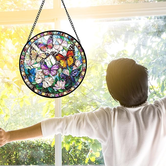 Stained Glass Window Hanging, Colorful Butterfly Suncatcher for Doors Home Sun Catchers Decoration and Christmas, Mother's Day Birthday Gifts for Women, Men, and Mom 9.8 in