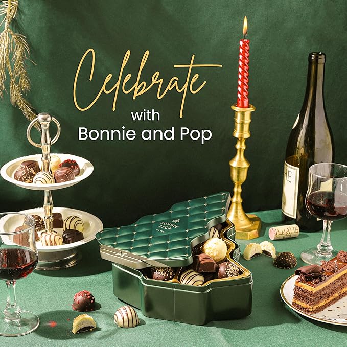 Christmas Chocolate Gift Basket, Christmas Tree Shaped Tin with Assorted Truffles, Holiday Stocking Stuffer Present, Festive, Corporate, Family, Gift Tin Idea for Men and Women, Bonnie and Pop