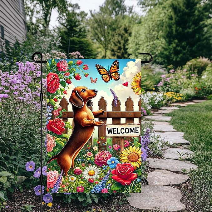 HOMETITUTE Welcome Garden Flag Spring Summer Dog Garden Flag 12x18 Inch Double Sided Flags Dachshund Puppy Floral Fence Butterfly Outdoor Yard Lawn Porch Decor Banner