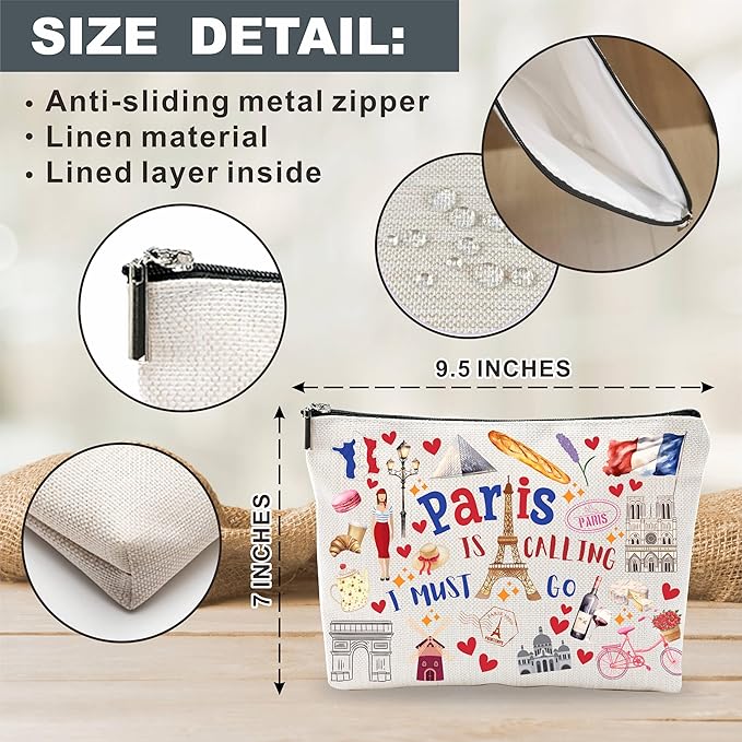 Paris Souvenirs Makeup Bags For Women，Paris Is Calling I Must Go, Travel Cosmetic Bag,Toiletry Pouch,Small Zipper Storage Bag, Paris Themed Gifts, Women Essentials - D01