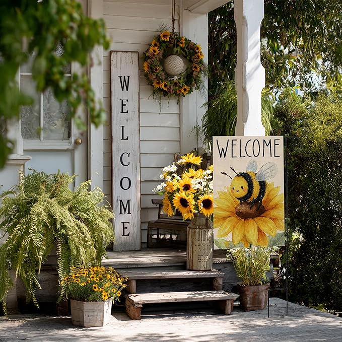 Garden Flags, Welcome Garden Flag, Bee Sunflower Flag Double-Sided Flags for Farmhouse Yard Outdoor-12 x 18inch (WELCOME BEE)