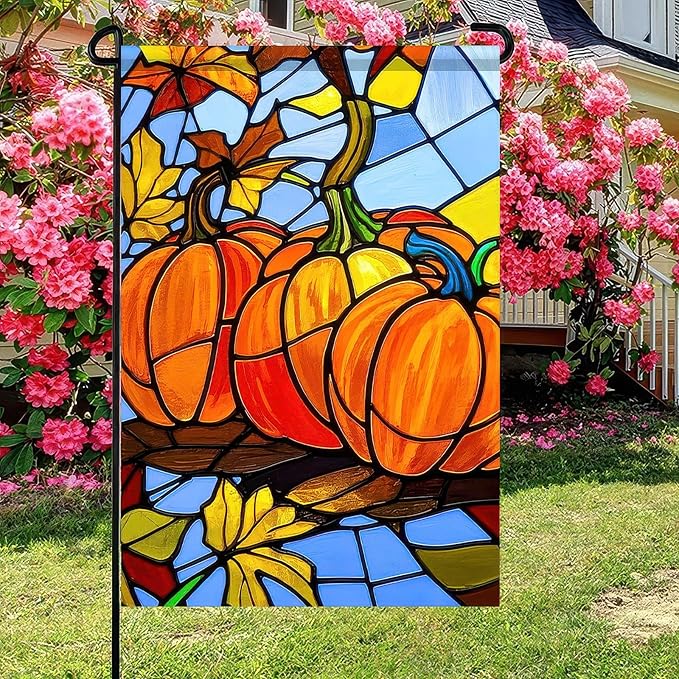 BlissYard Thanksgiving Fall Garden Flag 12x18 Inch Welcome Stained Glass Pumpkin Flag Double Sided Autumn Yard Banner Leaves Harvest for Porch Lawn Patio Seasonal Decor