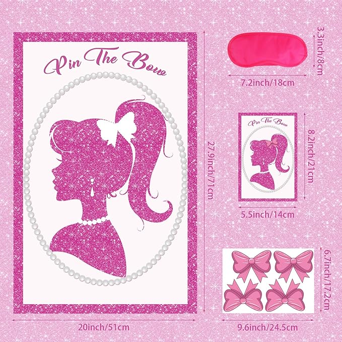 Hooqict Pink Girl Party Games for Kids Birthday Pin The Bow Sticker on The Head Pink Girl Princess Party Game Birthday Party Decorations, Large Poster with 40 Bow Stickers
