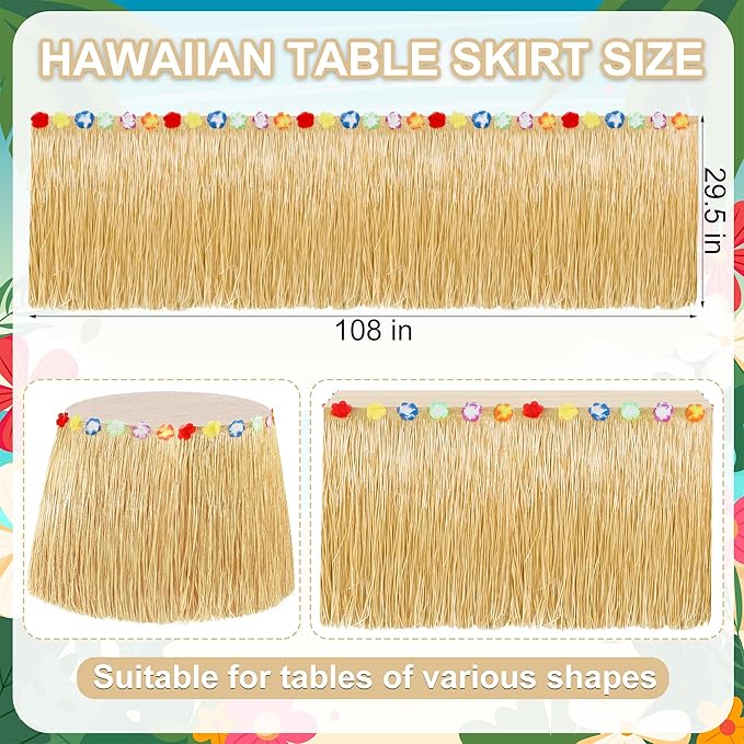 Luau Party Table Skirt Decorations, 4PCS Gold Hawaiian Themed Grass Table Skirt, 108 X 29.5" Flower Tropical Hula Dance Parties Supplies, Table Skirt for Hawaiian Summer Beach Themed Party Decor