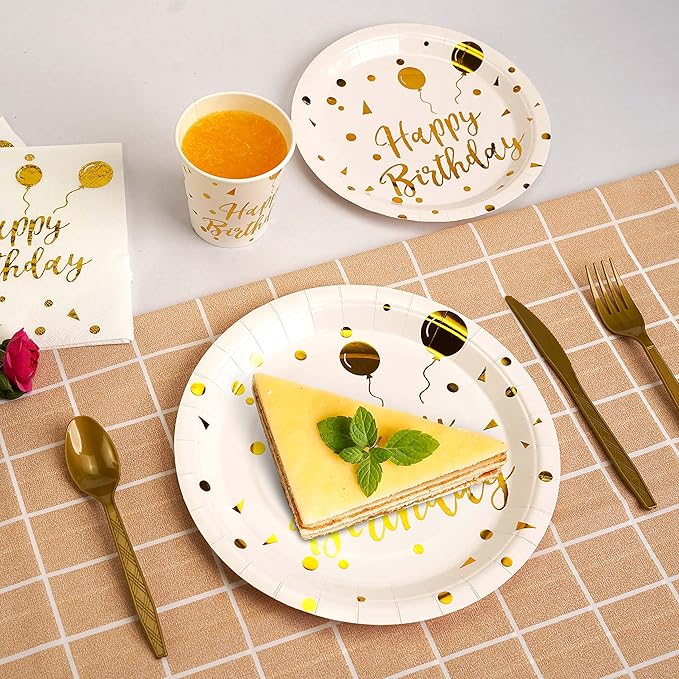 200 pieces of white and gold birthday party supplies, disposable happy birthday tableware set, gold plastic knives, forks, spoons, straws. Birthday themed tray, cup,25Guests（white）