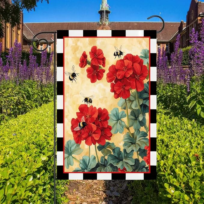 BlissYard Spring Garden Flag Welcome Spring Geranium Decorative Yard Flag 12 x 18 Inch Double Sided Bee Red Floral Small Flags Hello Spring Summer Farmhouse Home Outdoor Decoration