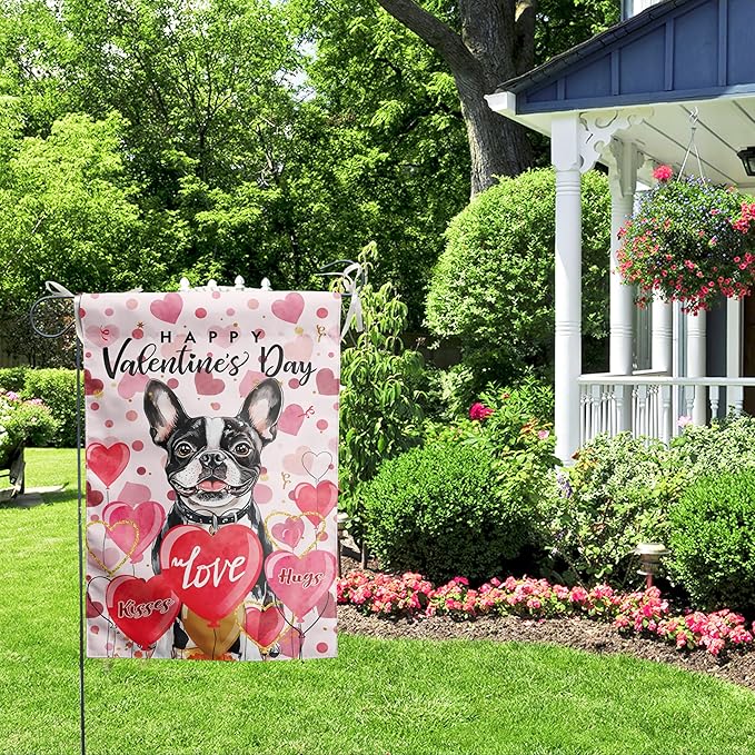 Boston Terrier Valentine Garden Flag Valentines Day Flags for Outside 12x18 Double Sided Small Yard Flags Dog Valentine's Day Decor Outdoor Lawn Valentines Banners Front Porch