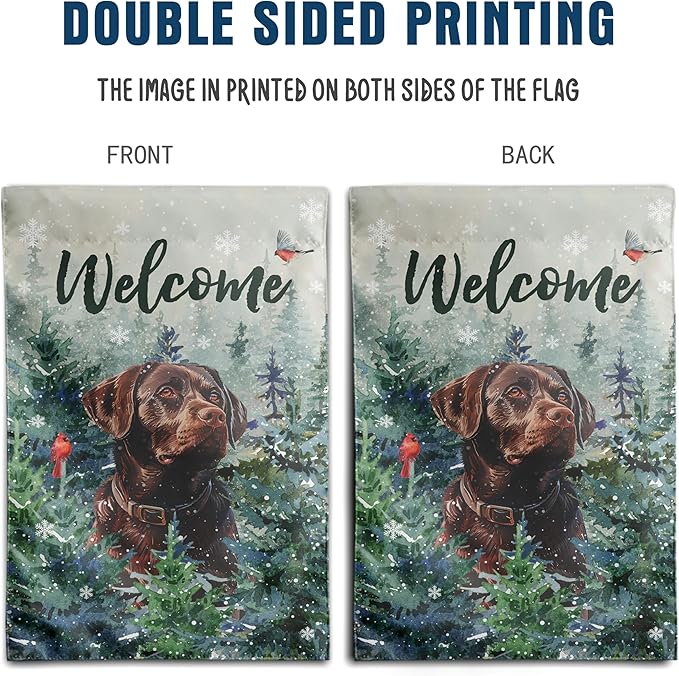 Welcome Winter Garden Flags Chocolate Lab Garden Flag Cardinal Birds on Snowy Pine Tree Flag Labrador Dog Yard Flags for Outside 12x18 Double Sided Christmas Decorative Lawn Flags