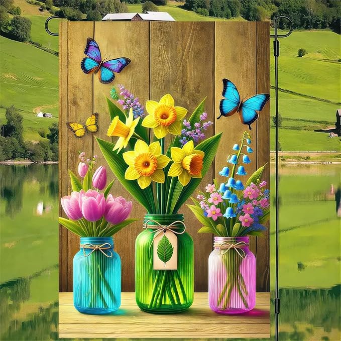 BlissYard Spring Garden Flag Double Sided 12x18 Inch Welcome Spring Summer Garden Flag Hello Springs Sign Flowers In Mason jars Gardens Flags Seasonal Rustic Yard Lawn Holiday Outdoor Decor Banner