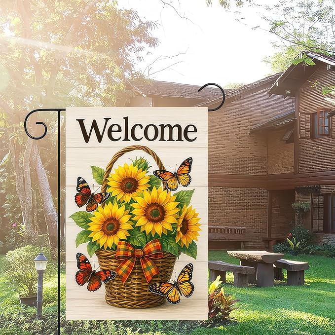 BlissYard Thanksgiving Fall Garden Flag 12x18 Inch Welcome Sunflower Flag Double Sided Outdoor Autumn Yard Banner Basket Butterflies for Porch Lawn Patio Seasonal Decor