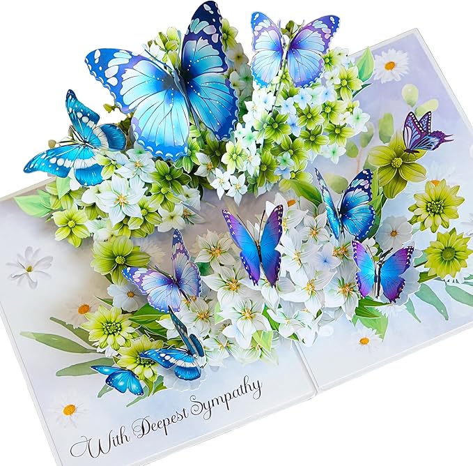 Flowers w Butterflies Pop Up Sympathy Cards with Envelopes, Sorry for Your Loss Card, Religious Pop Up Sympathy for Loss of Loved one, Mother, Father, Husband (Size 6x8 in – Sympathy)