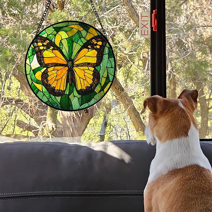 Stained Glass Window Hanging 4 Pcs Set Green Plants Yellow Insect Theme 6.3" - Suncatcher Door Garden Sun Catcher Decor Birthday Christmas for Mom Woman Nana Men