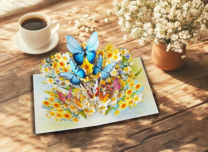 Daffodils with Butterflies 3D Birthday Cards for Women, Mothers Day Cards, 6x8in Pop Up Gift Card for Mom, Wife, Her, Daughter, Sister, Grandma (PQ Daffodils w Butterflies)