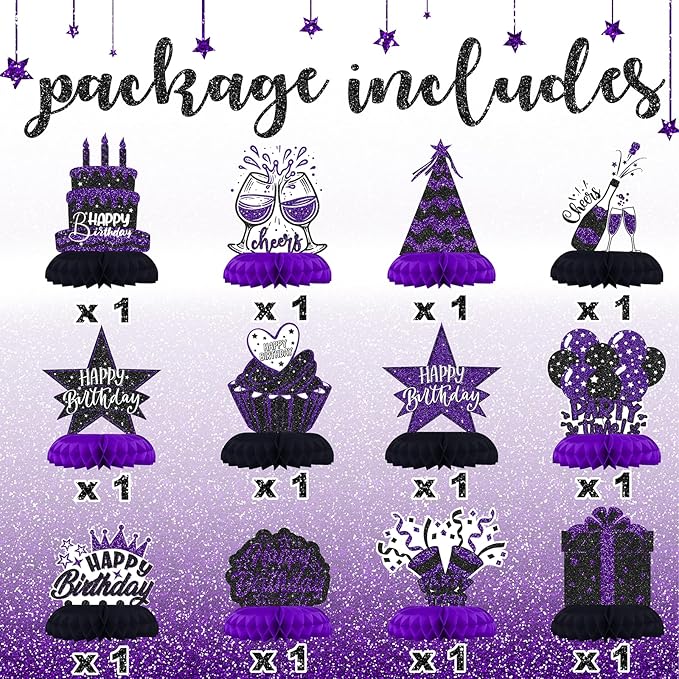 Black and Purple Birthday Decorations – 12PCS Honeycomb Table Centerpieces for Women Men Adults – Happy Birthday Table Decor Party Supplies