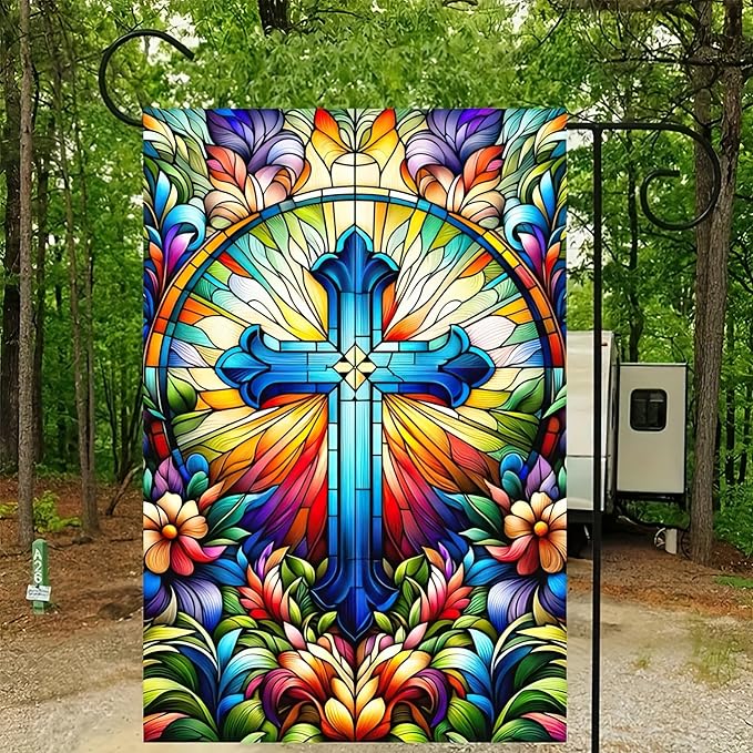 HOMETITUTE Welcome Garden Flag Spring Summer Christian Garden Flag Religious Faith Stained Glass Cross 12x18 Inch Double Sided Outdoor Yard Lawn Porch Decor