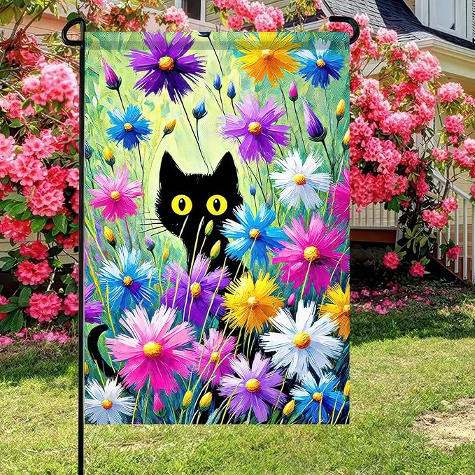 BlissYard Spring Black Cat Garden Flag Funny Floral Cat Gardens Flag 12×18 Inch Double Sided Farmhouse Welcome Yard Flag Spring Seasonal Outdoor Decor Black Cat Springs Flowers Garden Yard Flag