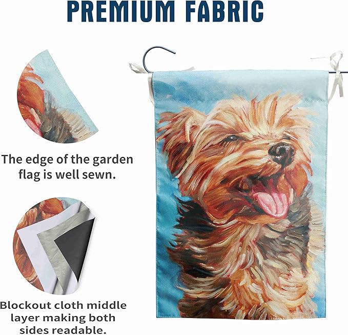 DZGlobal Happy Yorkie Garden Flag - Dog All-Weather Flag, Small Puppy Outdoor Seasonal Flag, 12 x 18 Inch, Vibrant Color, Double Sided, Holiday Yard Decor