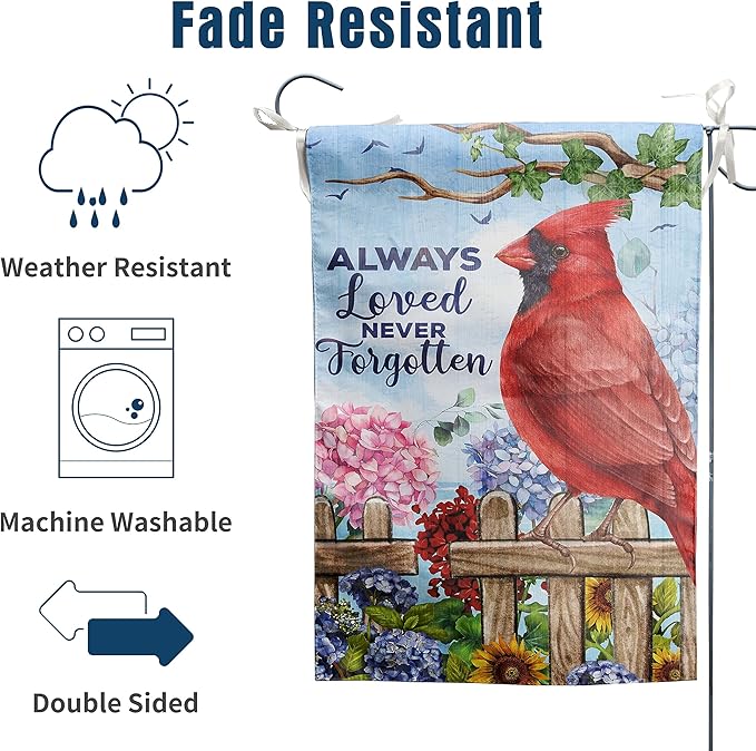 Red Bird Garden Flag Memorial Flags for Cemetery Flags Grave Decorations Remberance Day Flag 12x18 Double Sided Gravesite Saying Always Loved Never Forgotten