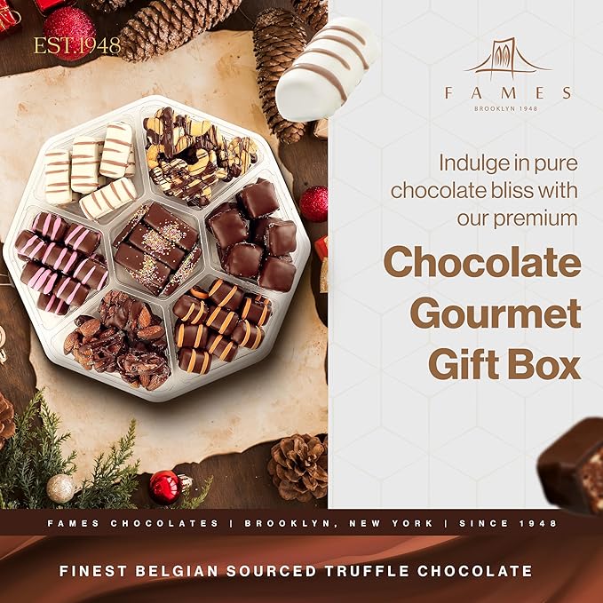 Fames Chocolates Gourmet Gift Box - Belgian Truffle Chocolate Assortment - Dairy-Free Kosher Chocolate with Caramel, Hazelnut, Crunch Nutty, Fudgy, Raspberry, and Mango - Holiday Candy Gift Basket