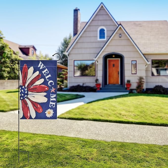 Kevinste 12x18 Inch Double-Sided Welcome Garden Flags for Outdoor Decor, Vivid Color Welcome Daisy, Weather-Resistant Linen, for Front Porch, Yard, or Patio (Blue)