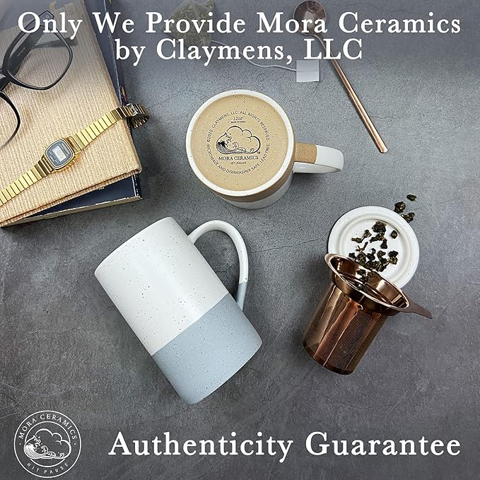 Mora Ceramics Tea Cup with Loose Leaf Infuser, Spoon and Lid, 12 oz, Microwave and Dishwasher Safe Coffee Mug - Rustic Matte Ceramic Glaze, Modern Herbal Tea Strainer - Great Gift for Women, Flint