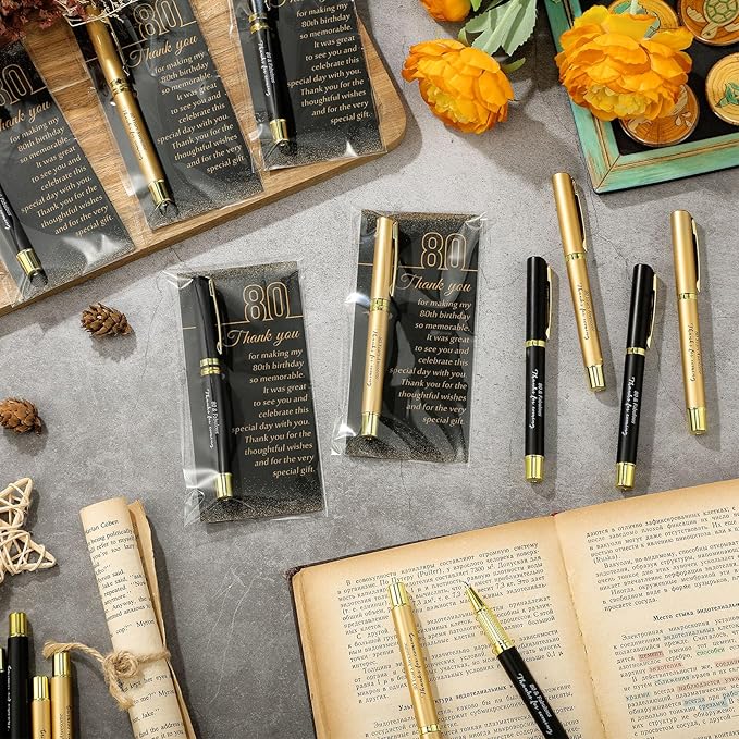 30 Set 80th Birthday Party Favor for Guest Anniversary Party Favor with Black and Gold Ballpoint Pens and Thank You Cards for Women Men Birthday Anniversary Appreciation Gifts