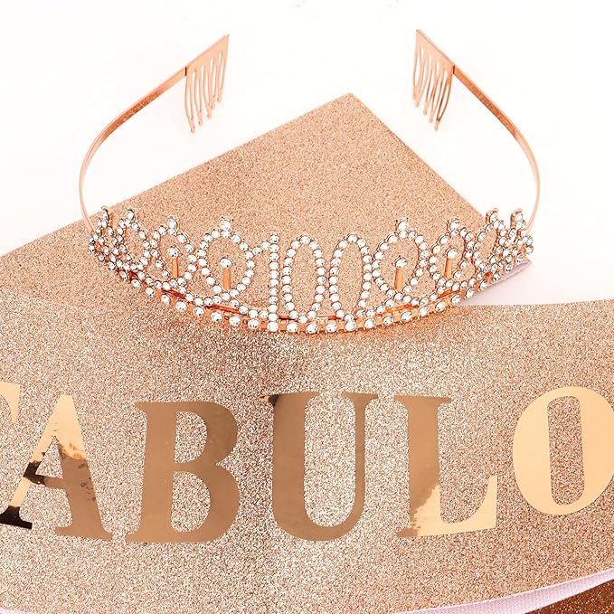Casoty asoty Rose Gold 100th Birthday Sash and Tiara, 100th Birthday Decorations for Women, 100 & Fabulous Sash and Crown Set, Party Supplies for Women Gifts for Her