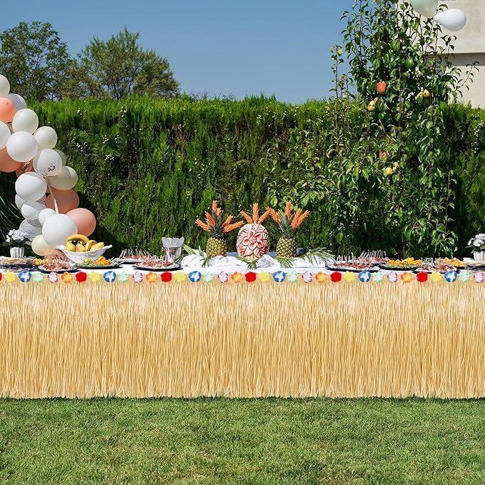 Luau Party Decorations, 2PCS Gold Hawaiian Themed Table Skirt Party Decorations, Flower 108 X 29.5" Grass Skirts Luau Party Favors, Luau Table Skirt for Summer Tropical Hula Parties Decor Accessories