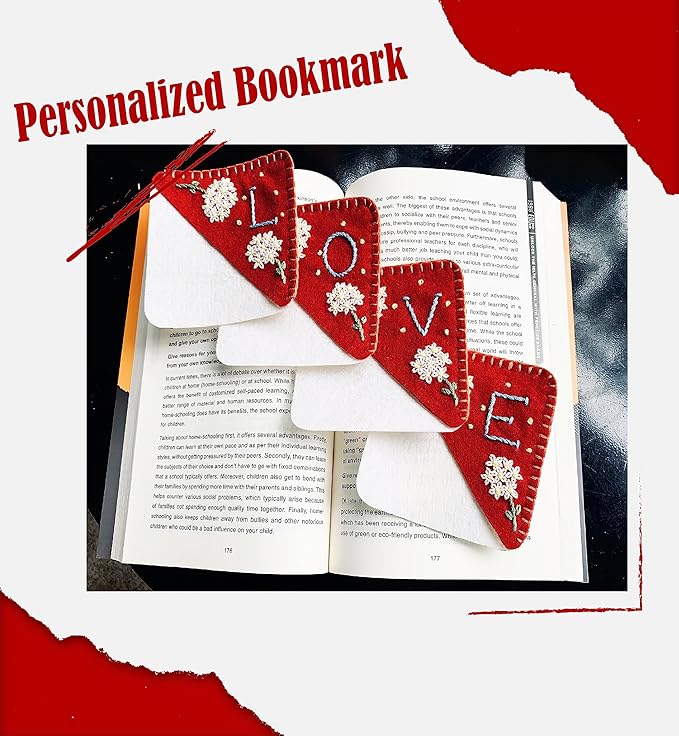 Personalized Hand Embroidered Corner Bookmark, Cute Flower Book Mark, Hand Stitch Gift for Women Book Lovers by HNQCPCVU (H, RED)