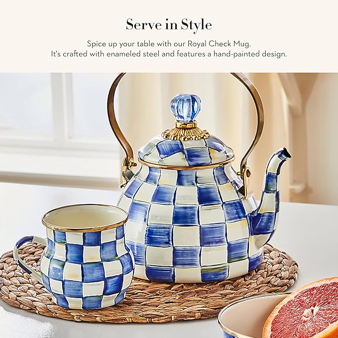 MACKENZIE-CHILDS Enamel Mug, Cute Enamelware Coffee and Tea Mug, Unique Drinkware, 16 Ounces, Blue-and-White Royal Check, Set of 1 (Pack of 2)
