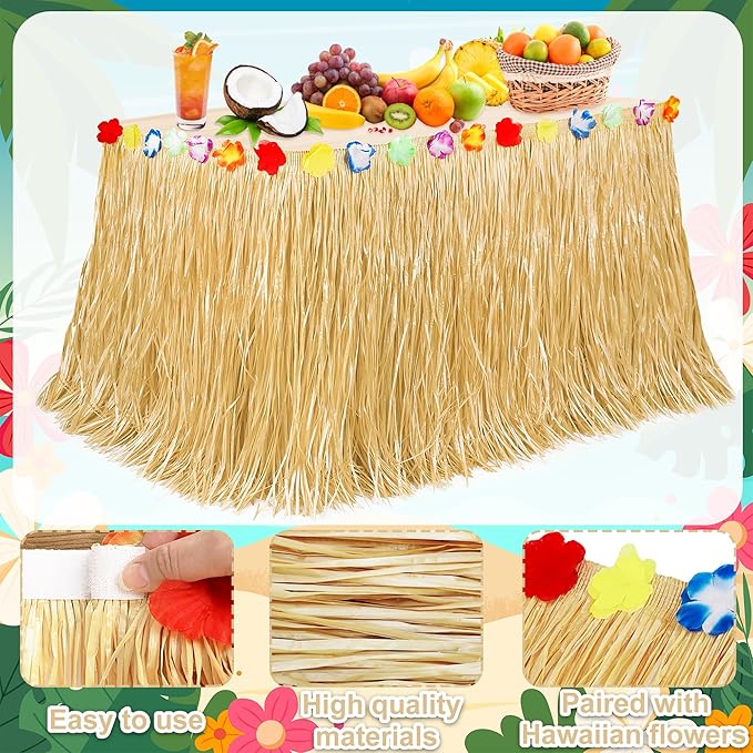 Luau Party Table Skirt Decorations, 4PCS Gold Hawaiian Themed Grass Table Skirt, 108 X 29.5" Flower Tropical Hula Dance Parties Supplies, Table Skirt for Hawaiian Summer Beach Themed Party Decor