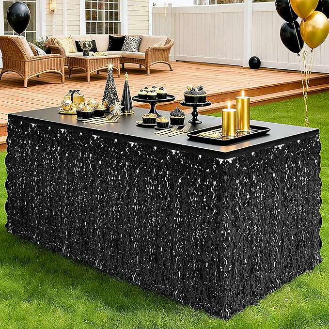 Halloween Table Skirt Decor, 2 Pack Black Foil Grass Desk Skirt, Metallic Wavy Tinsel Foil Fringe Table Skirts, Table Skirts for Graduations Halloween New Years Parade Party Decorations