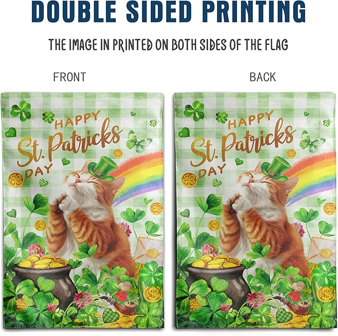 Orange Cat St Patricks Day Garden Flag Cat St Patrick's Day Yard Flags for Outside 12x18 Double Sided Buffalo Plaid Shamrock Flag Small Outdoor Rainbow St Patrick's Decor