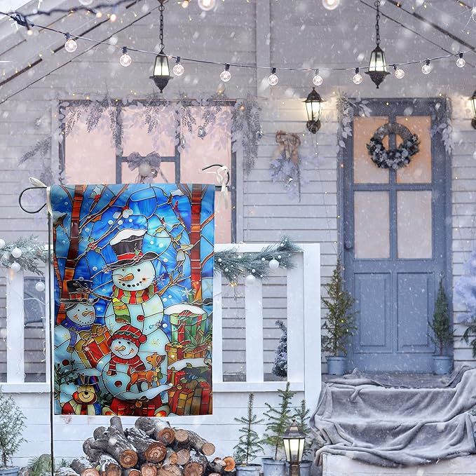 DZGlobal Stained Glass Snowman Garden Flag Merry Christmas Flag Hello Winter Yard Flag Happy Holidays Flag for Outside Welcome New Year Outdoor Flag 12x18 Double Sided, wintersnowman