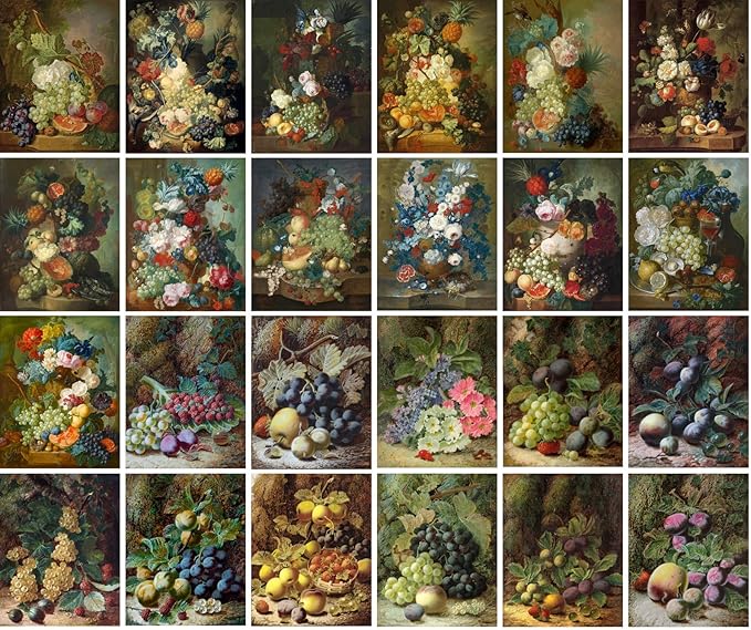 PIXILUV Vintage PostCards 24 pcs FLOWERS AND FRUITS STILL LIFE Antique Museum Painting Art BY Oliver Retro Poster REPRINT