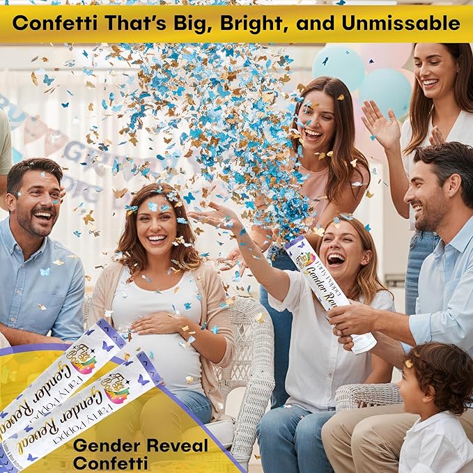 2 Pack Blue Butterfly-Shaped Confetti Poppers for Baby Gender Reveal | Blue Paper and gold mylar Baby Boy Party Supplies