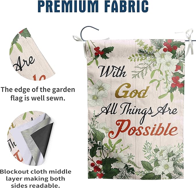 Christian Garden Flag Religious with God All Things are Possible Winter Garden Flags for Outside 12x18 Double Sided Poinsettia Christmas Decorations