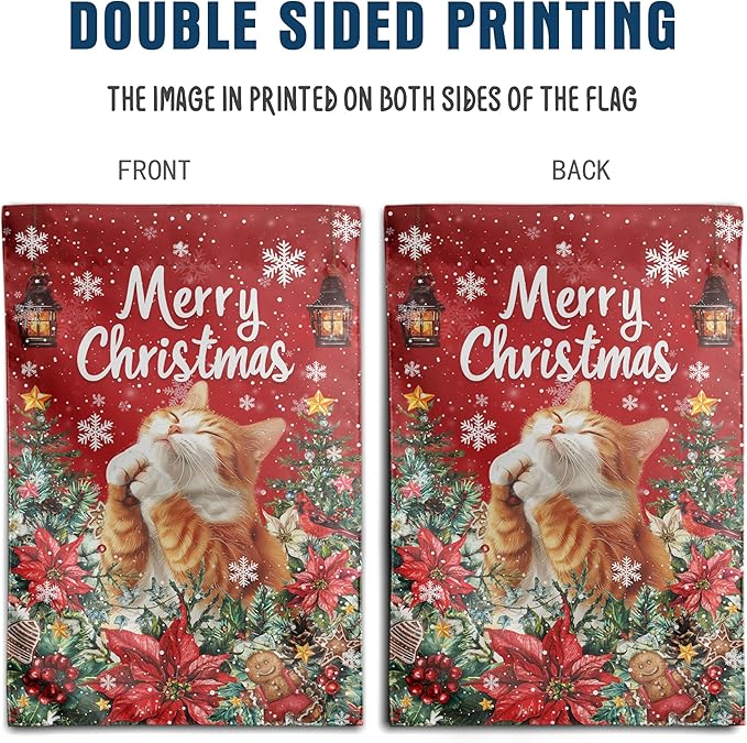 Christmas Cat Garden Flag Merry Christmas Orange Cat Yard Flag for Outside Xmas Flags 12x18 Double Sided Red Poinsettia Garden Flags Winter Porch Outdoor Decor