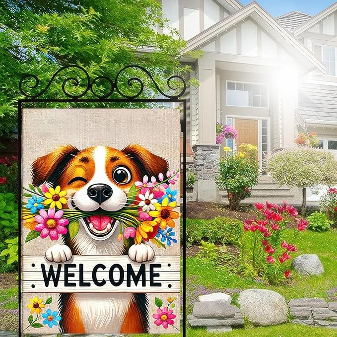 BlissYard Welcome Spring Summer Garden Flag 12x18 Inch Double Sided Welcome Happy Cute Puppy Dog Outdoor Garden Flag Flower House Seasonal Yard Outside House Decoration