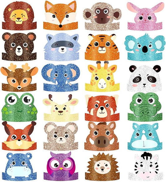 24 Pcs Animal Birthday Party Hats Animal Headbands Jungle Safari Animal Paper Party Crown for Girls Kids (Assorted Animals)