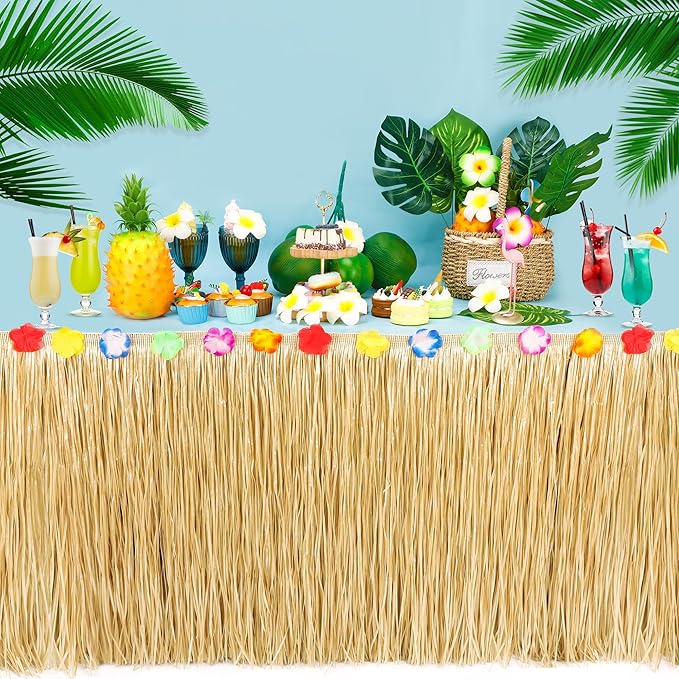 Luau Party Table Skirt Decorations, 4PCS Gold Hawaiian Themed Grass Table Skirt, 108 X 29.5" Flower Tropical Hula Dance Parties Supplies, Table Skirt for Hawaiian Summer Beach Themed Party Decor