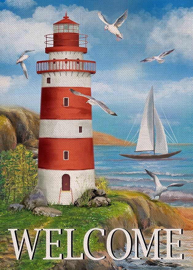 Covido Spring Summer Lighthouse Garden Flag, Coastal Seagull Birds Yard Beach Nautical Sailboat Outside Decoration, Ocean Outdoor Small Burlap Decor Double Sided 12 x 18