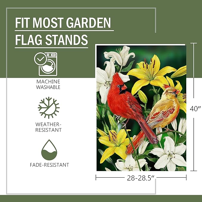 Furiaz Decorative Cardinal Flower Spring Summer Large House Flag Double Sided, Red Yellow Birds Home Lily Burlap Outside Garden Yard Decoration, Green Seasonal Outdoor Décor Flag 28 x 40