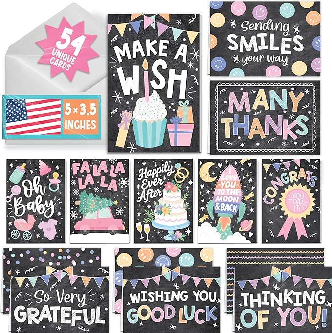 Hadley Designs Assorted Cards With Envelopes All Occasion - 54 Bulk Greeting Cards For All Occasions, Mixed Greeting Card Assortment, Birthday, Thank You, Congrats, Sympathy, Holiday Variety Card Pack