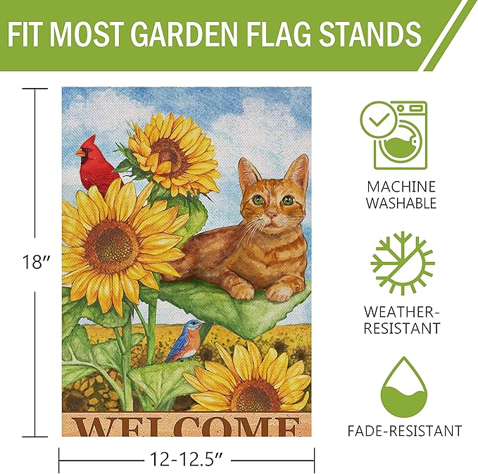 Furiaz Cat Cardinal Sunflower Welcome Spring Summer Decorative Small Garden Flag, Yard Orange Kitty Tabby Red Bird Outside Decoration, Fall Autumn Outdoor Burlap Decor Double Sided 12 x 18